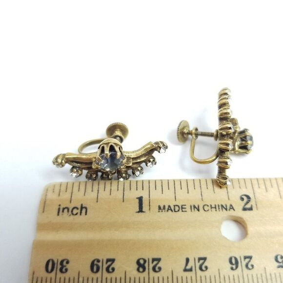 Vintage Rhinestone Wing Fan Shaped Clip On Earrings, Screw Backs Gold Tone Retro - Picture 3 of 6